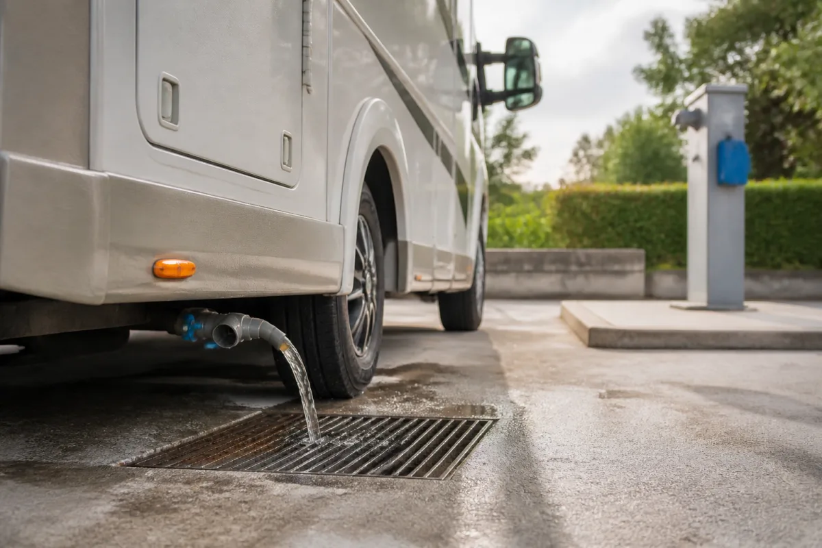 Sortie d'eaux grises d'un camping-car alignée sur une grille d'aire de services, vanne ouverte