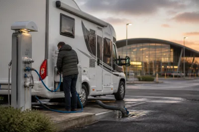 Camping-car stationné à une aire de services, tuyau d'eau branché et ouverture de vidange visible
