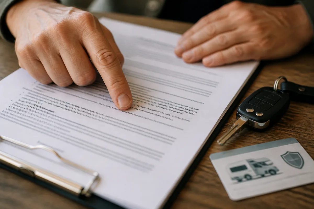 Mains montrant une clause d’assurance et de franchise sur un contrat de location de camping‑car