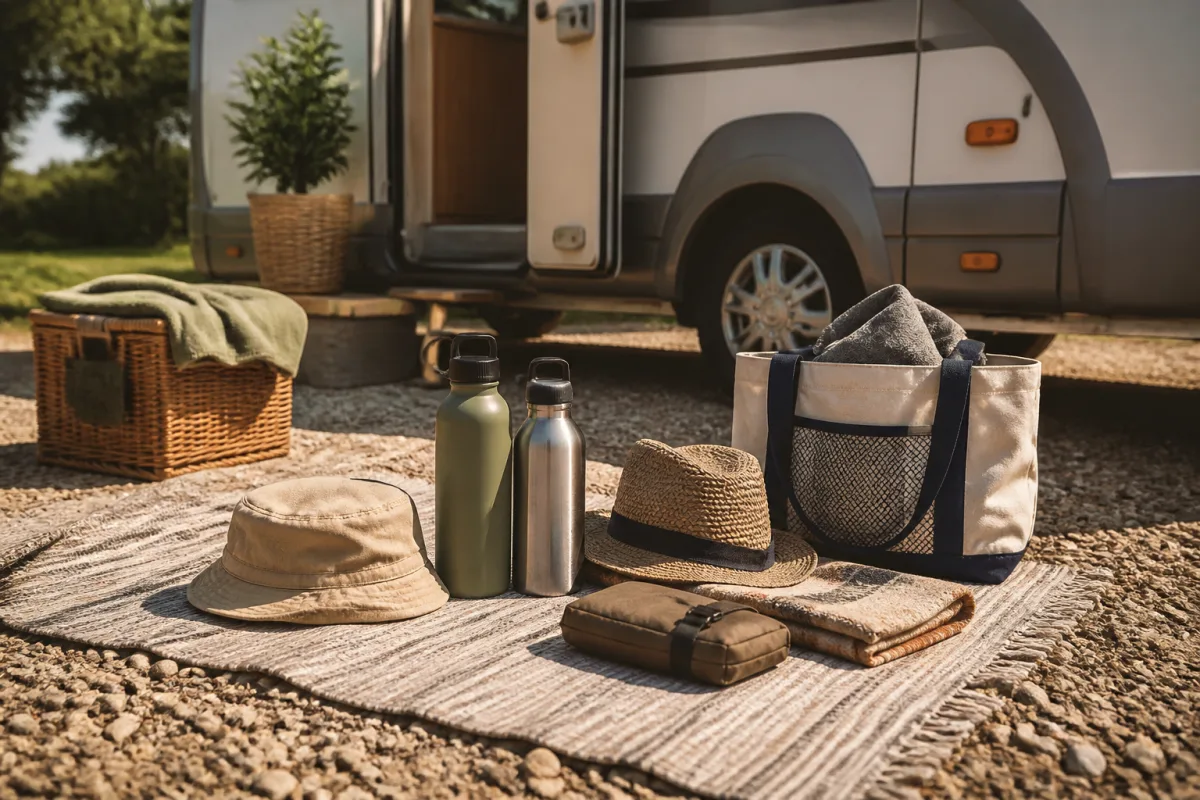 Couverture de pique‑nique avec gourdes, chapeaux et boîte à goûter posés au sol