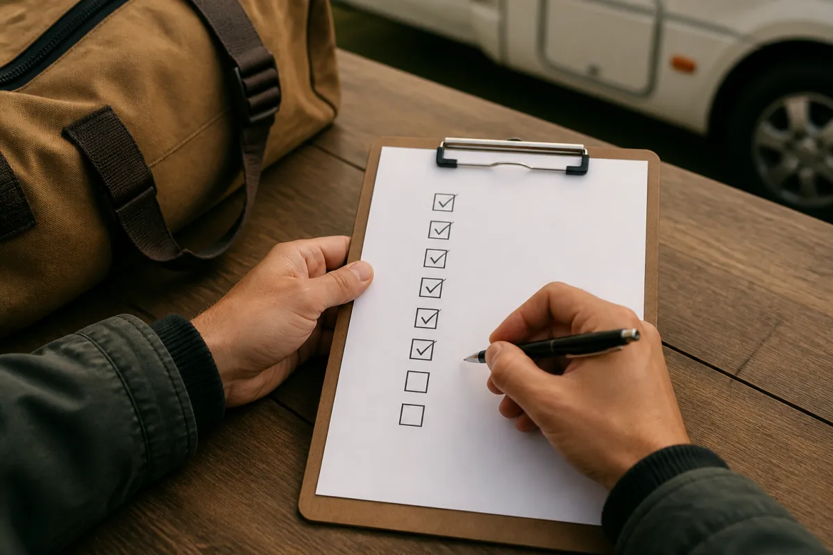 Mains marquant des cases sur une checklist imprimée posée sur une planchette