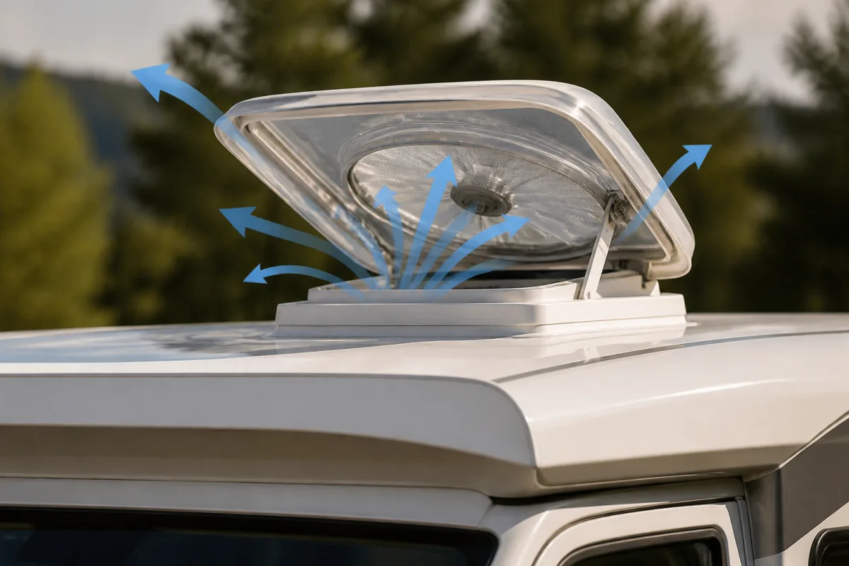Extracteur de toit 12 V ouvert sur un toit de camping‑car, vue rapprochée
