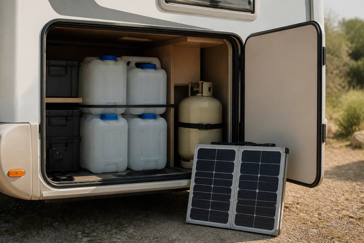 Soute de camping-car ouverte avec bidons d’eau, bouteille de gaz et panneau solaire plié
