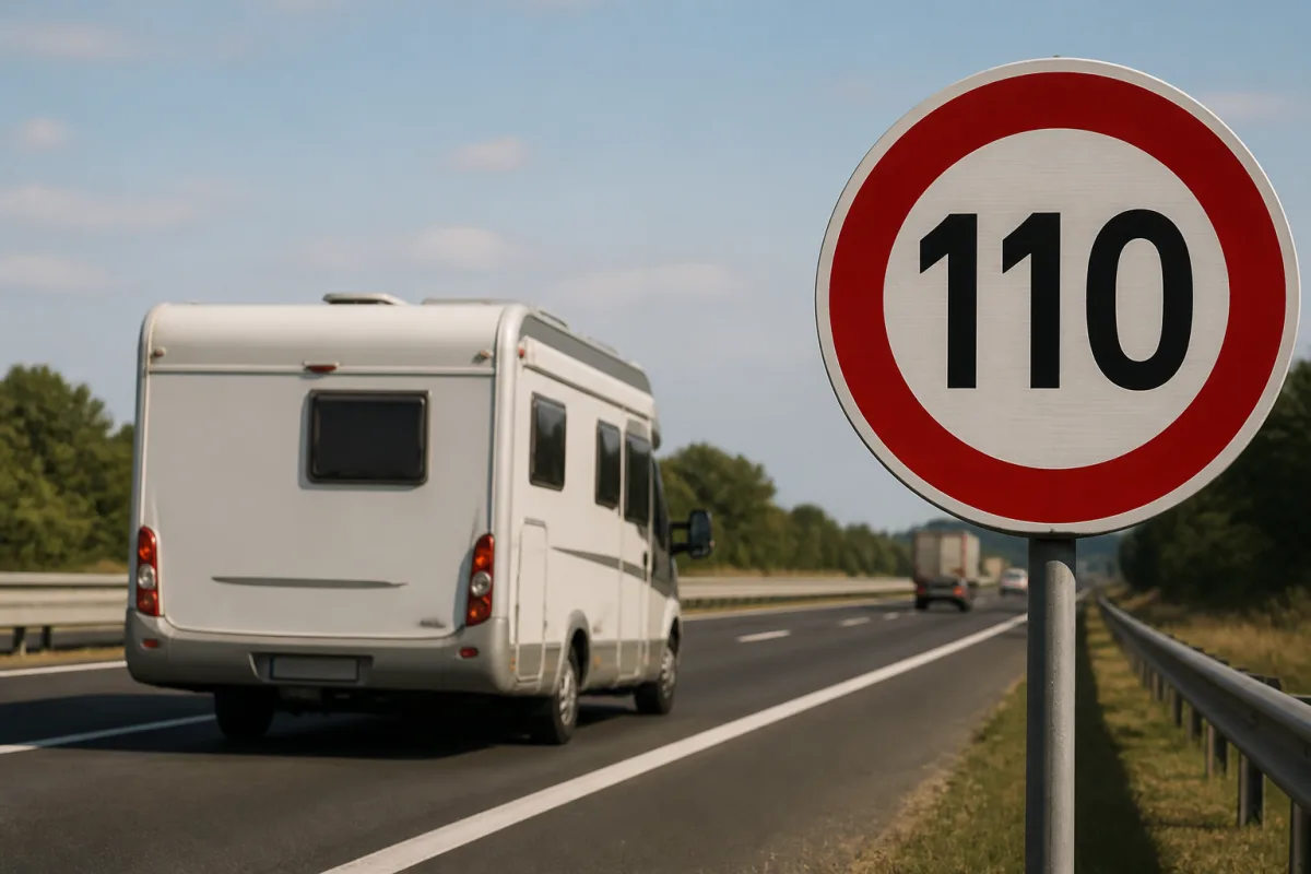 Camping‑car sur autoroute, panneau de limitation à 110 km/h bien visible