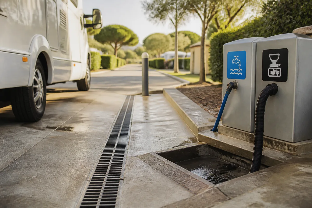 Aire de vidange avec caniveau et borne séparant eaux grises et cassette