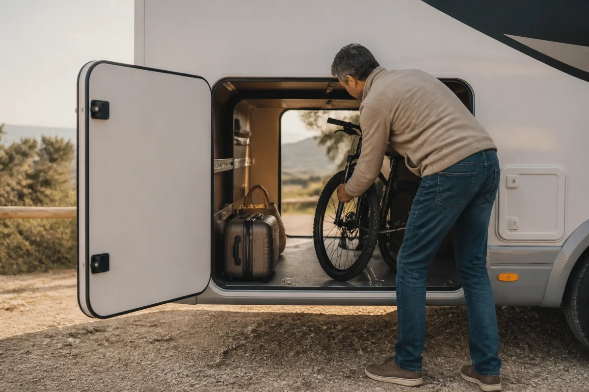 Soute garage de camping‑car ouverte avec chargement d’un vélo