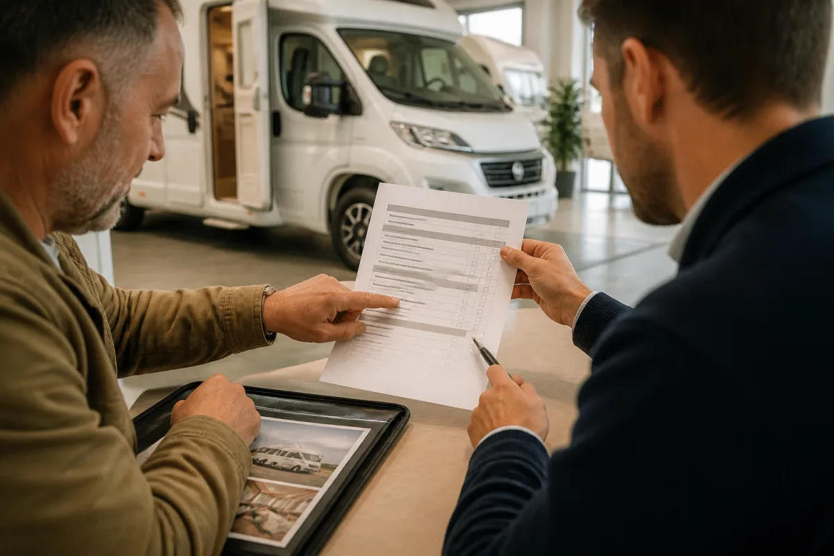Main tendant une checklist imprimée au client dans une concession, documents du véhicule visibles