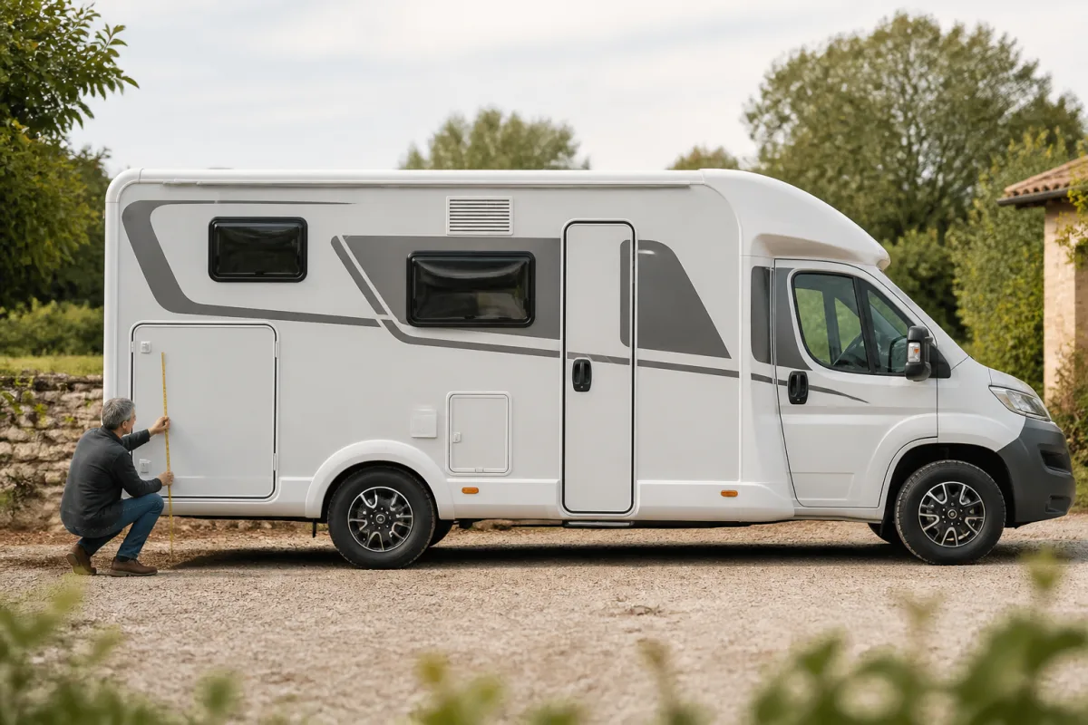 Vue latérale d’un camping‑car profilé 6,50 m avec mètre pliant pour échelle
