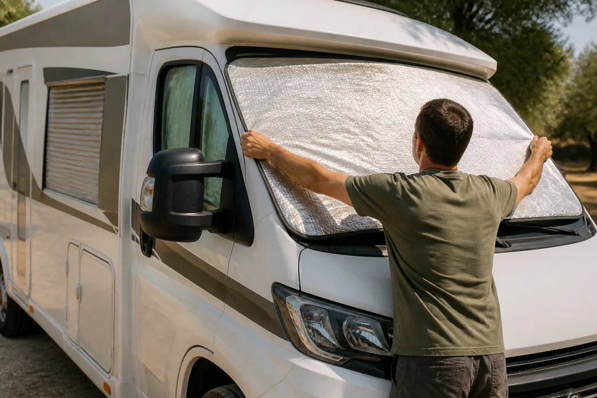 Pose d’un pare‑soleil extérieur sur le pare‑brise d’un camping‑car avec stores latéraux déployés