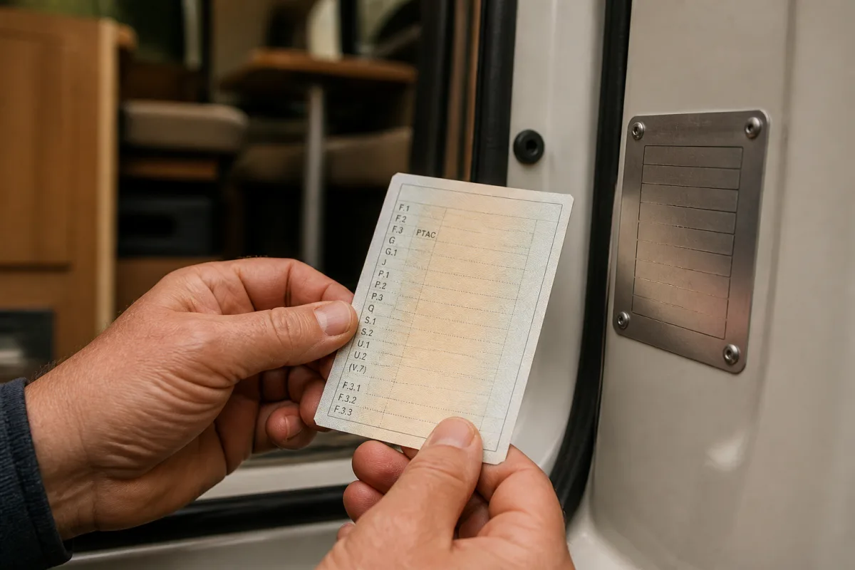 Main tenant une carte grise ouverte sur la ligne PTAC, plaque constructeur lisible sur le châssis