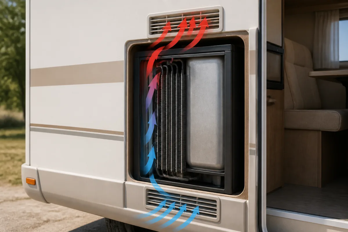 Schéma indiquant l’entrée basse d’air frais et la sortie haute d’air chaud derrière le frigo