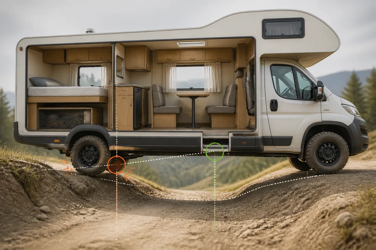 Schéma en coupe d’un camping-car indiquant essieu arrière, porte-à-faux et point de frottement sur une pente