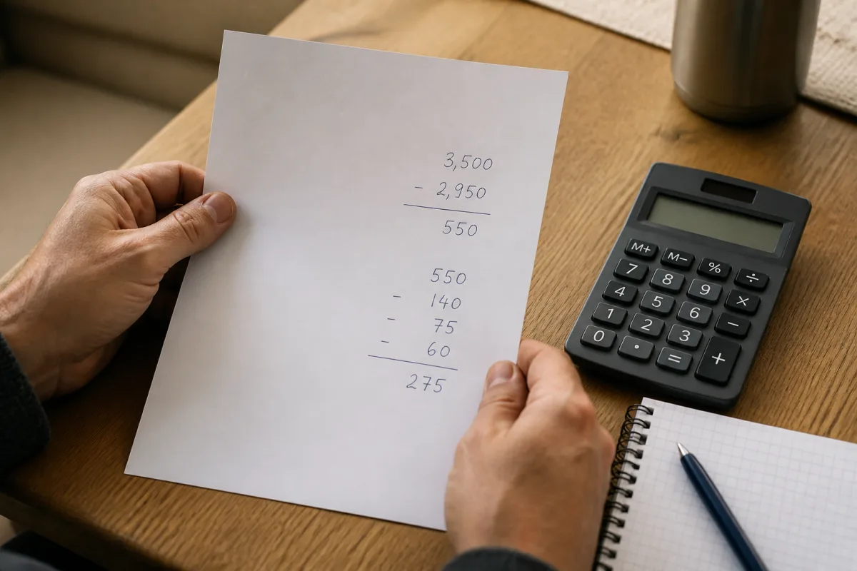Fiche technique avec colonnes PTAC et PVOM, main utilisant une calculatrice