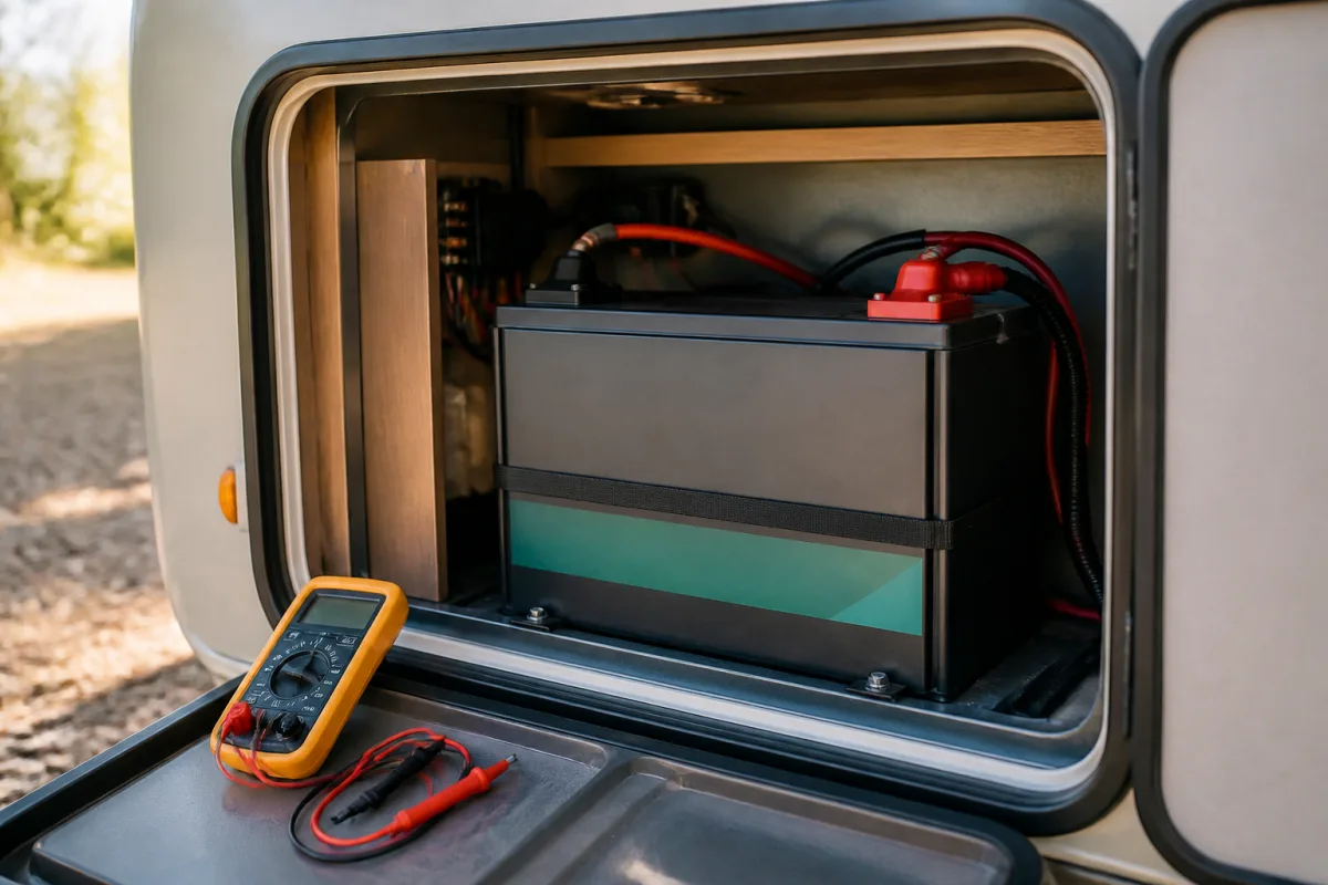 Pack batterie LiFePO4 installé dans un compartiment technique de camping‑car, multimètre à côté