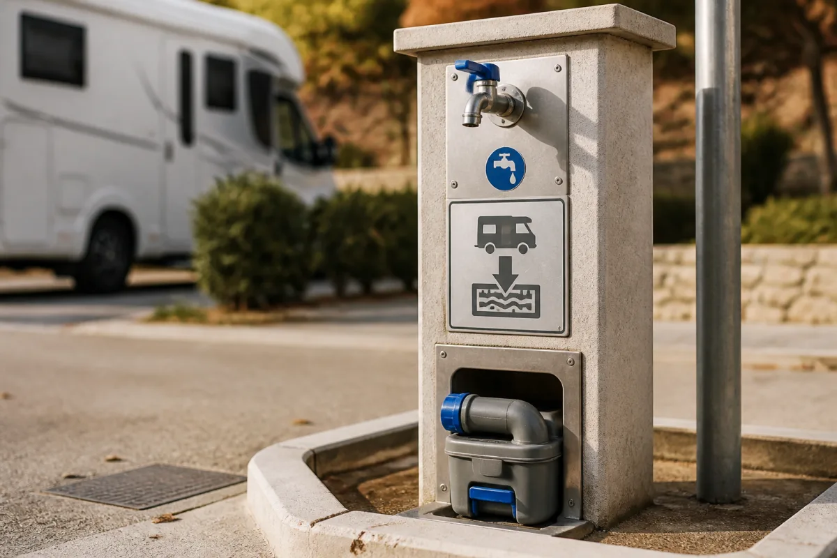 Borne de service camping‑car avec robinet, ouverture de vidange et pictogramme indiquant cassette WC