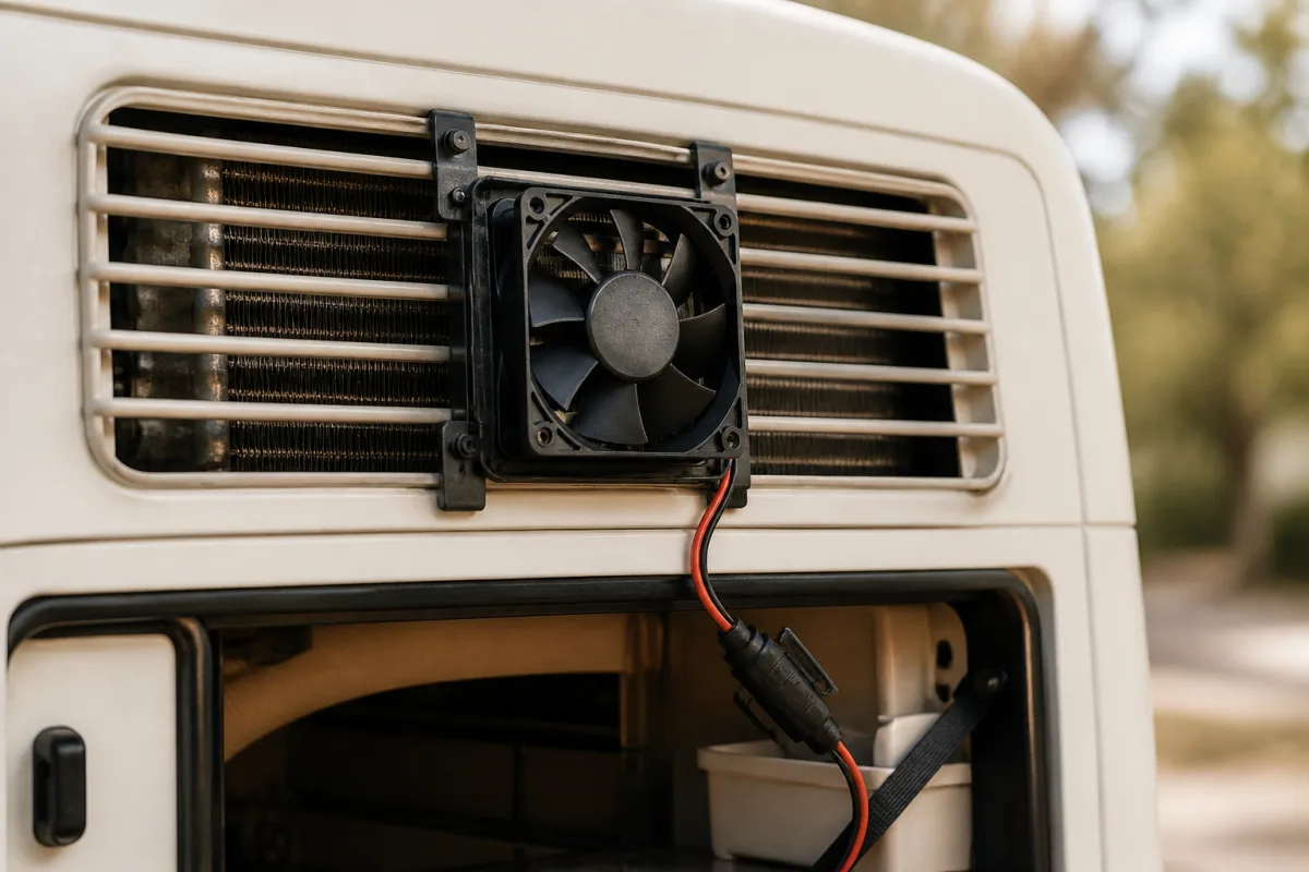 Ventilateur 12 V installé derrière la grille haute du frigo avec câble et fusible visibles