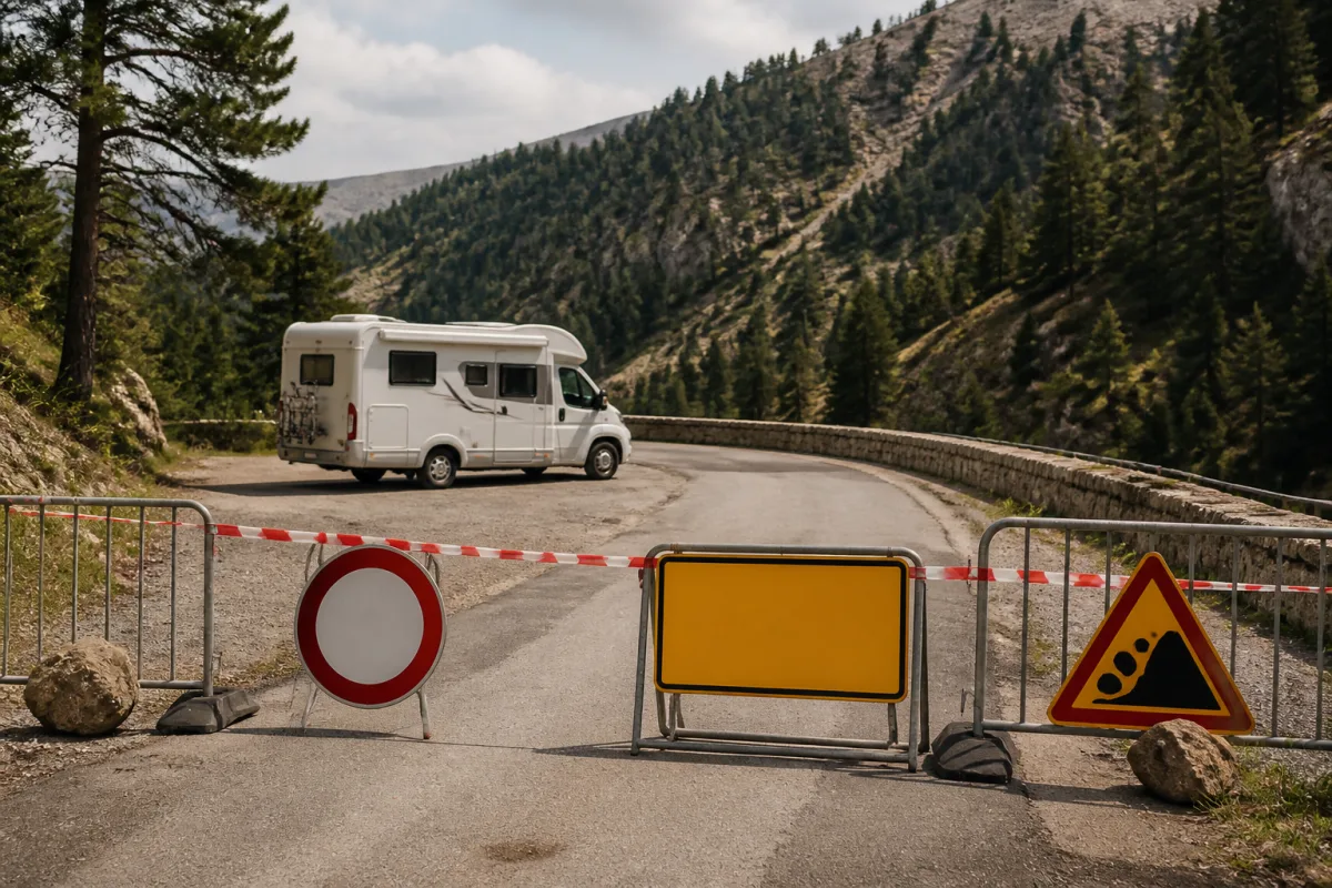 Bande de signalisation et panneau de fermeture de route sur un accès de montagne