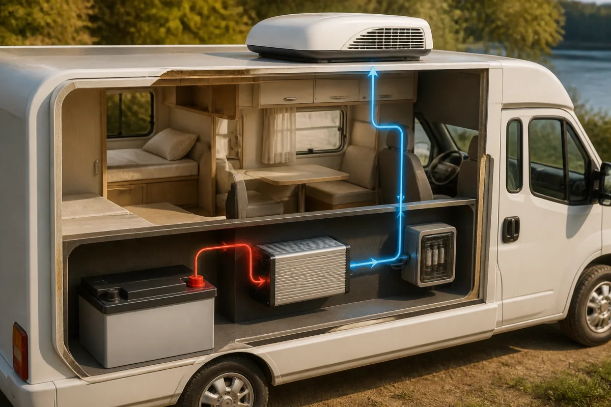 Schéma batterie 200 Ah 12 V vers convertisseur puis climatiseur 230 V montrant rendements et pertes