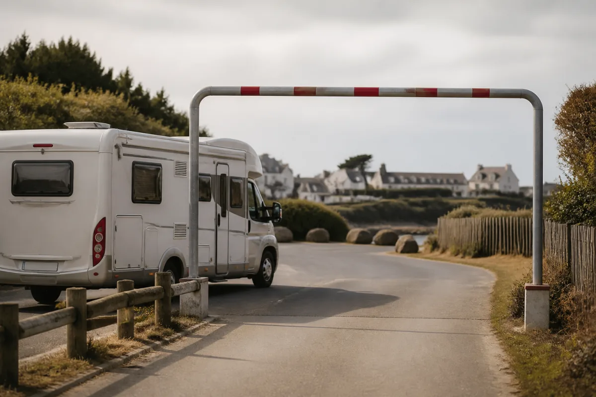 Portique de hauteur marqué "2 m" bloquant l’entrée d’un parking, camping‑car en retrait