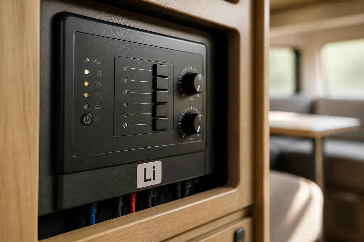 Panneau d’un chargeur 230 V embarqué avec réglage de profil lithium visible
