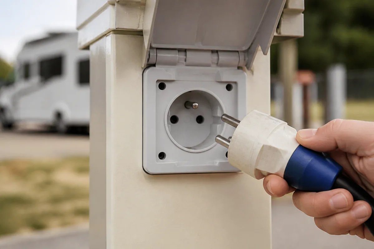 Gros plan d’une colonne électrique d’aire avec étiquette « 6 A » et main tenant une fiche