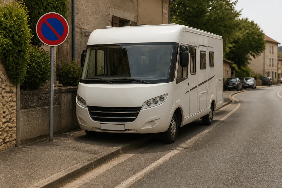 Camping-car garé gênant la chaussée et masquant un panneau routier