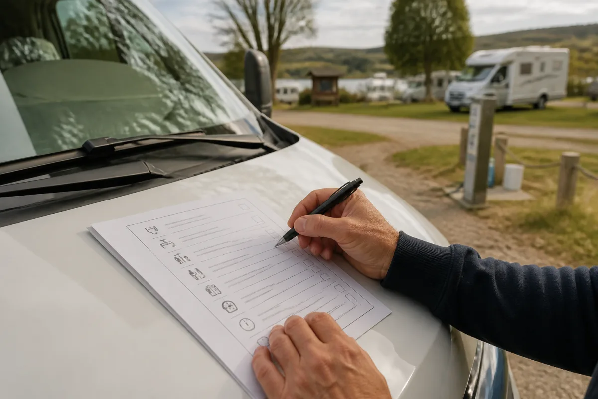Main cochant une checklist posée sur le capot d’un camping-car, aire en arrière-plan