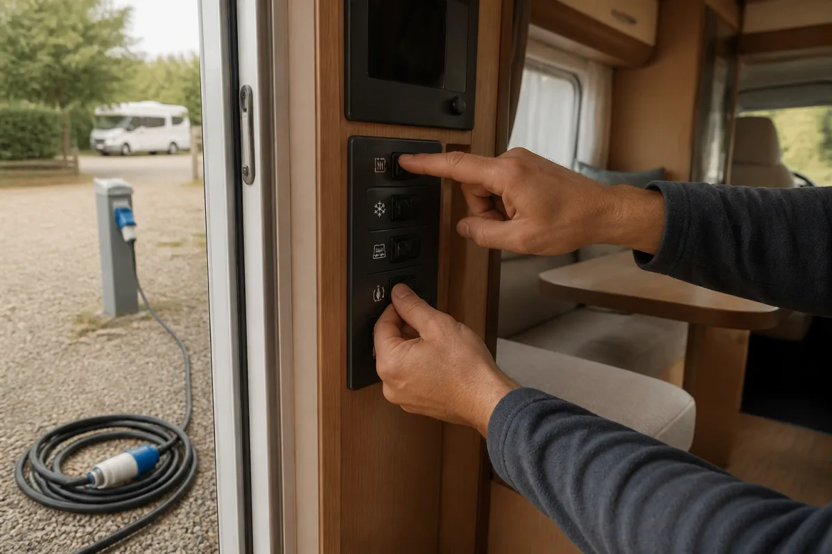 Main coupant l’alimentation d’un appareil au tableau de bord du camping‑car avant branchement extérieur