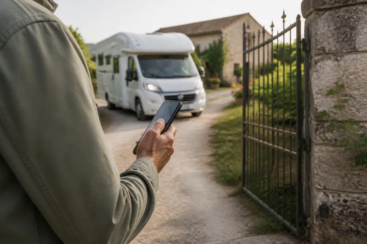 Personne appelant l’accueillant depuis l’entrée de la ferme avec le camping‑car en arrière‑plan