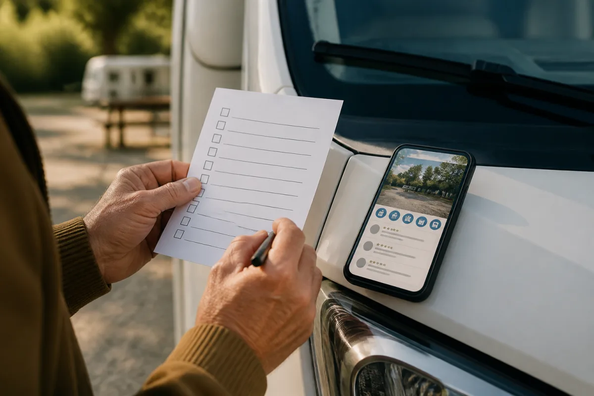 Main tenant une checklist papier devant un smartphone affichant la fiche d’une aire