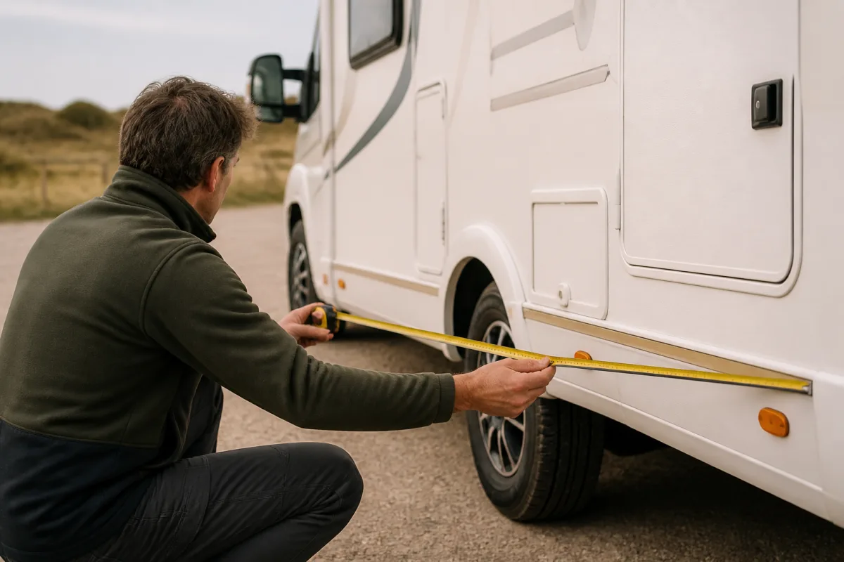 Mesure de la longueur d’un camping‑car avec un mètre ruban indiquant 8,00 m