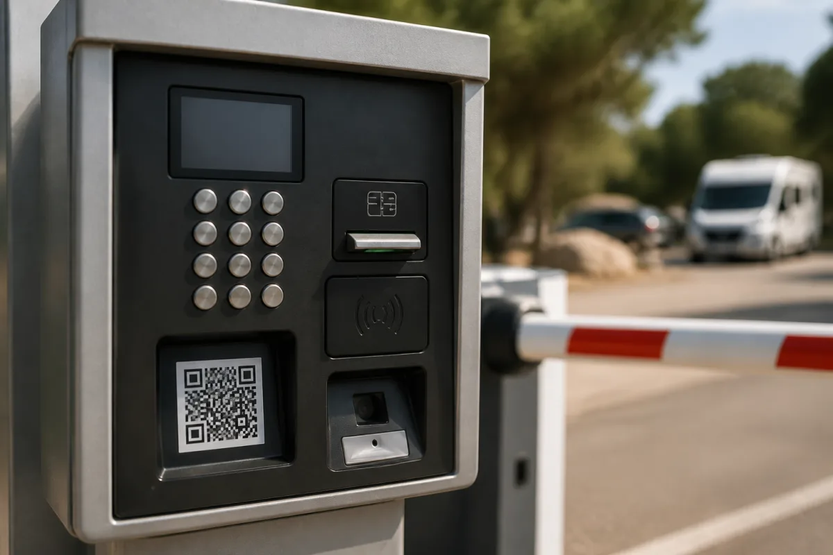 Terminal d’accès avec clavier et lecteur de carte à côté d’une barrière