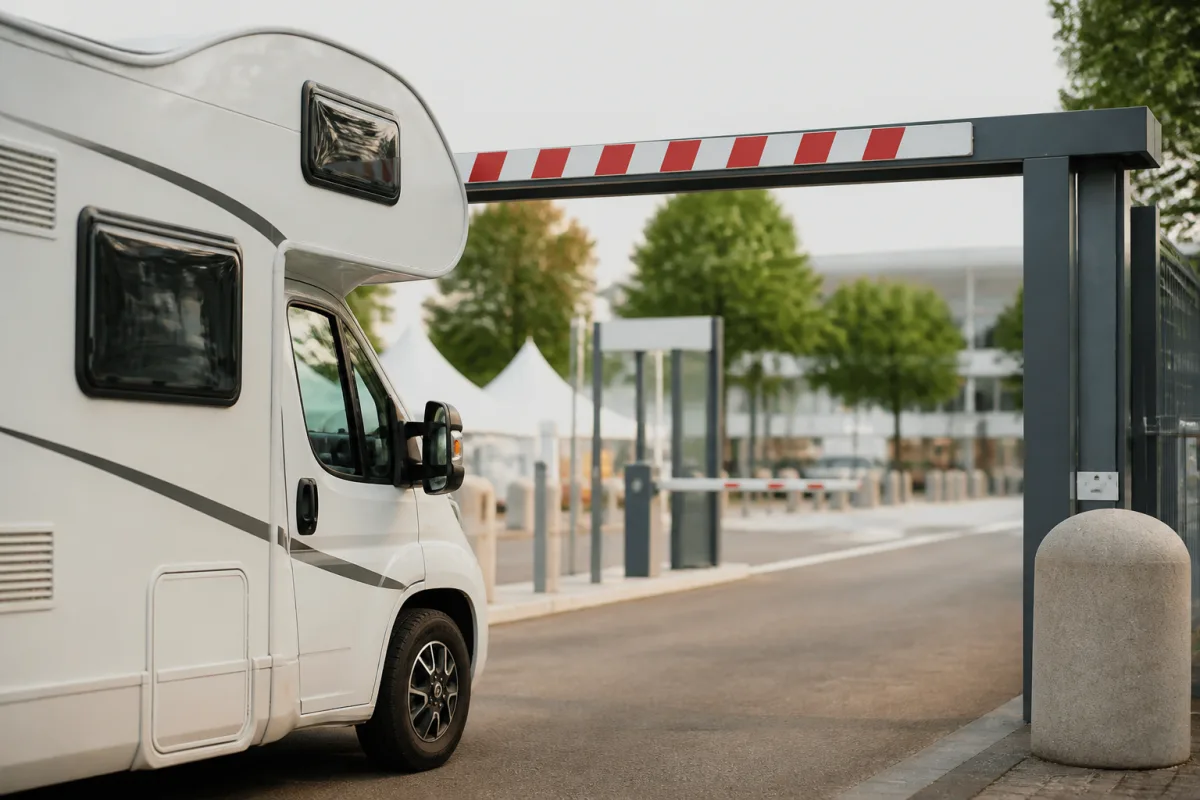 Barrière de hauteur à l’entrée d’un parking, panneau indiquant la limite en mètres et un camping‑car à proximité
