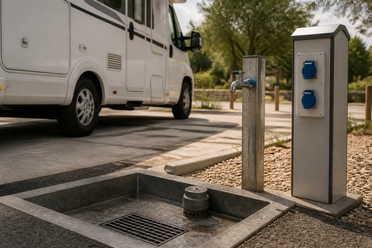 Borne de vidange, robinet de remplissage d’eau et prises 230 V sur une aire camping‑car