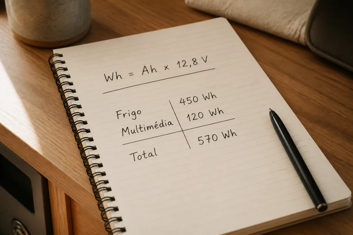Page de calcul montrant Wh = Ah × 12,8 V et le total de consommation journalier