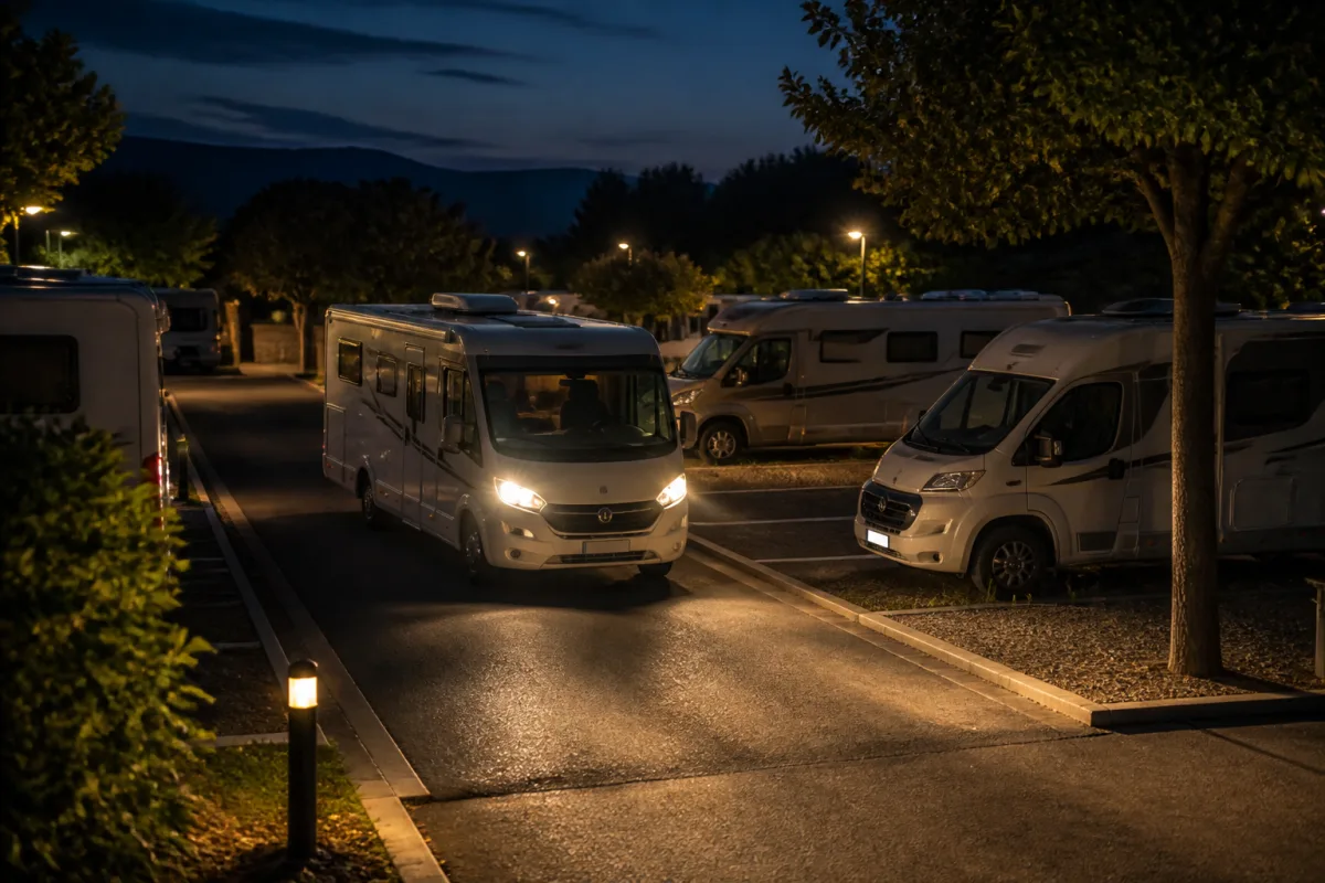 Petite aire de camping‑car la tombée du jour, véhicule en manœuvre parmi des places serrées