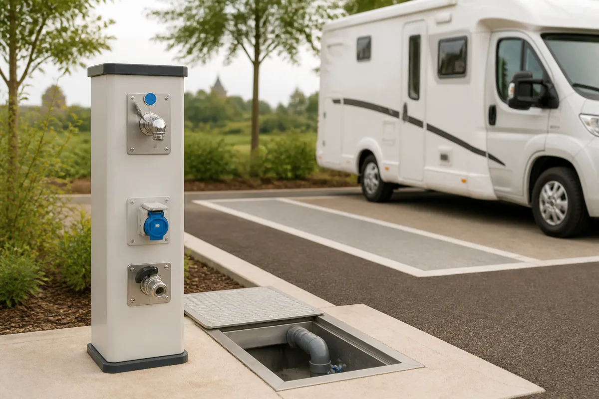 Colonne de service pour camping‑car avec robinet eau, vidange et prise électrique