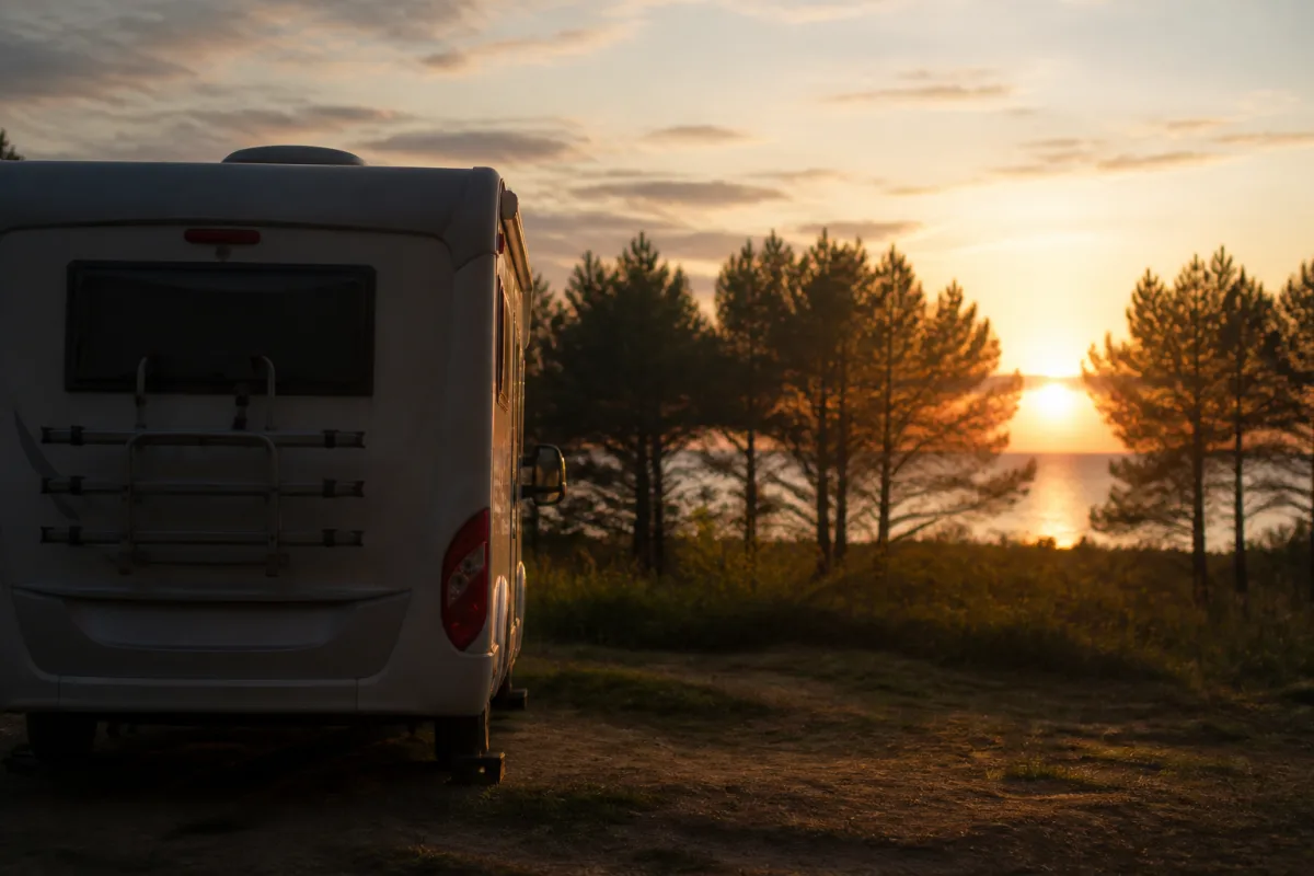 Arrière d’un camping-car et horizon ouest partiellement obstrué par des pins