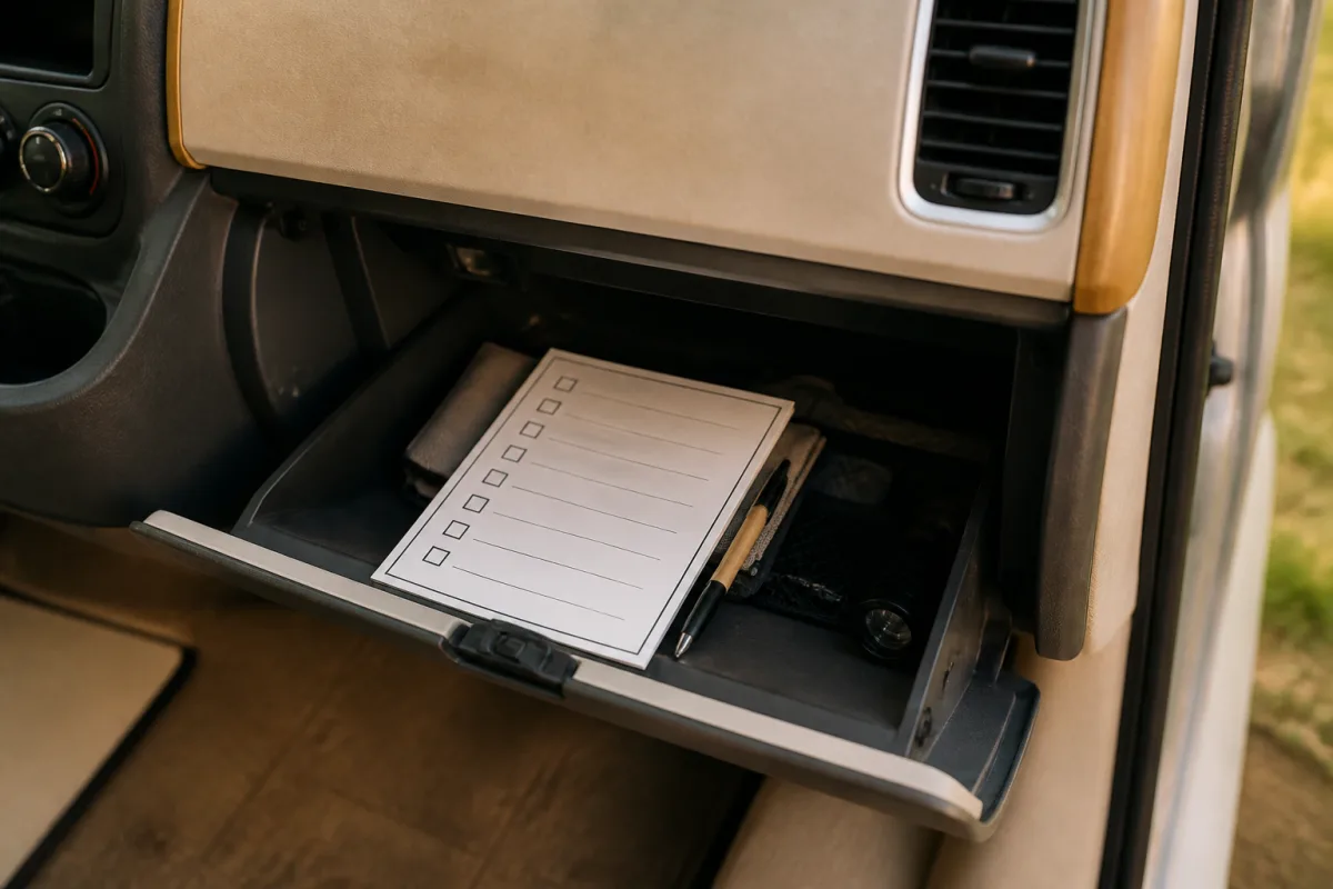 Checklist imprimée visible dans la boîte à gants d’un camping-car