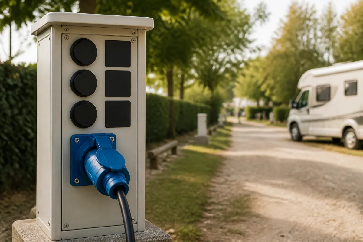 Borne électrique de camping avec marquages 6 A 10 A 16 A et prise CEE bleue, vue vers l’emplacement