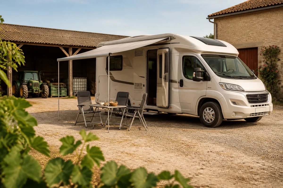 Camping‑car avec store déployé, chaises et table dans une cour de ferme