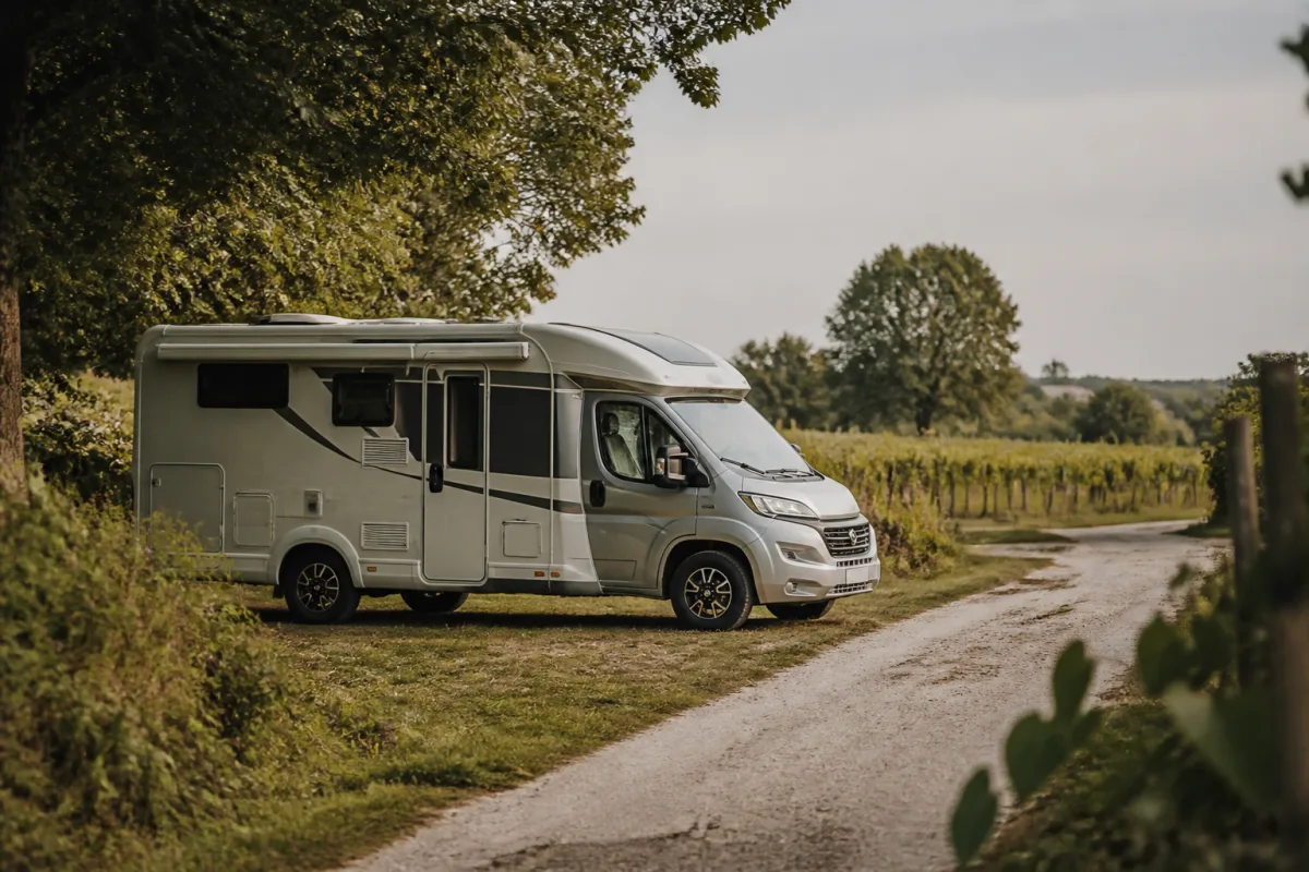 Camper‑car garé discrètement, moteur arrêté, sans éclairage extérieur
