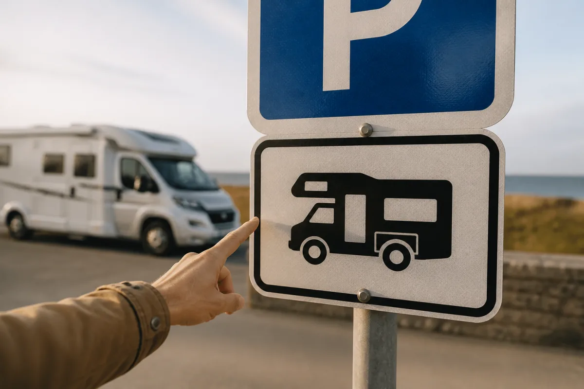 Main montrant un panneau indiquant "7 h-22 h" et pictogramme camping‑car