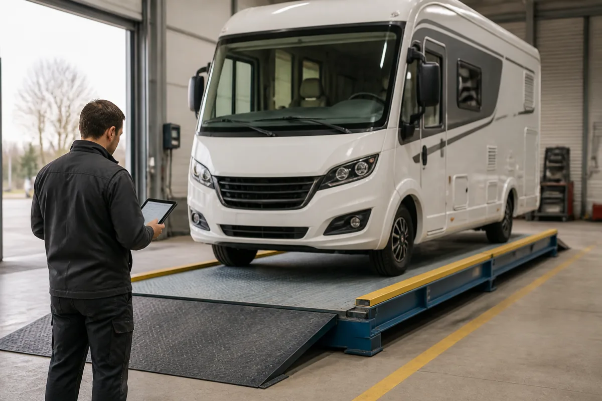 Camping-car sur balance de pesée en atelier, technicien relevant le poids sur tablette