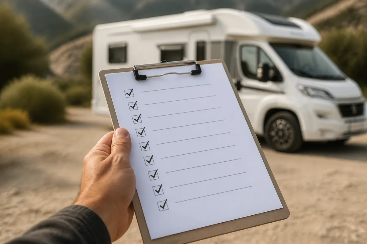 Main tenant une check‑list sur clipboard devant un camping‑car flou en arrière‑plan