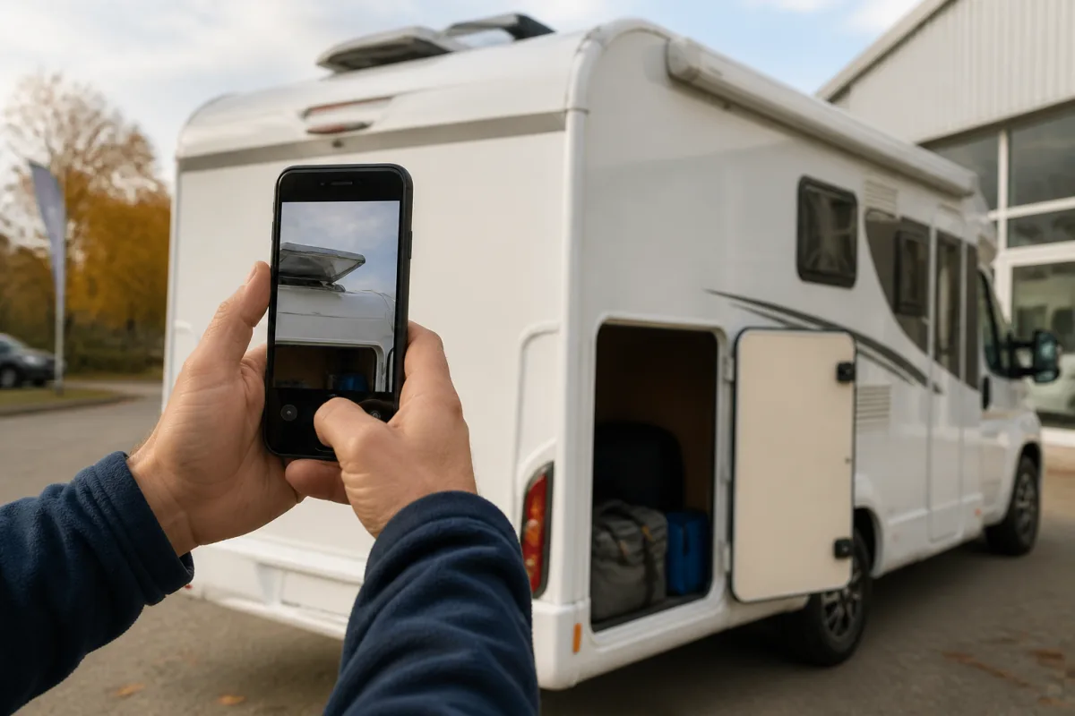 Téléphone photographiant le toit et la soute d’un camping-car lors de la livraison
