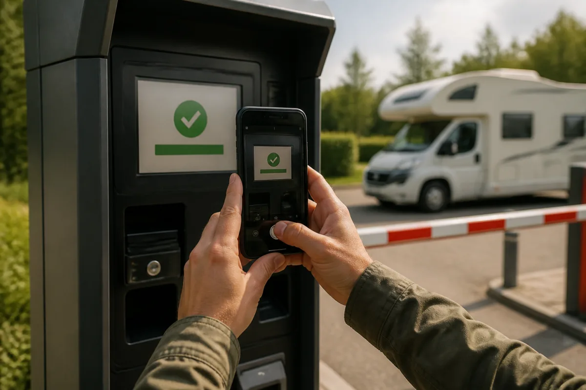 Main prenant en photo l’écran de confirmation d’une borne de paiement d’aire