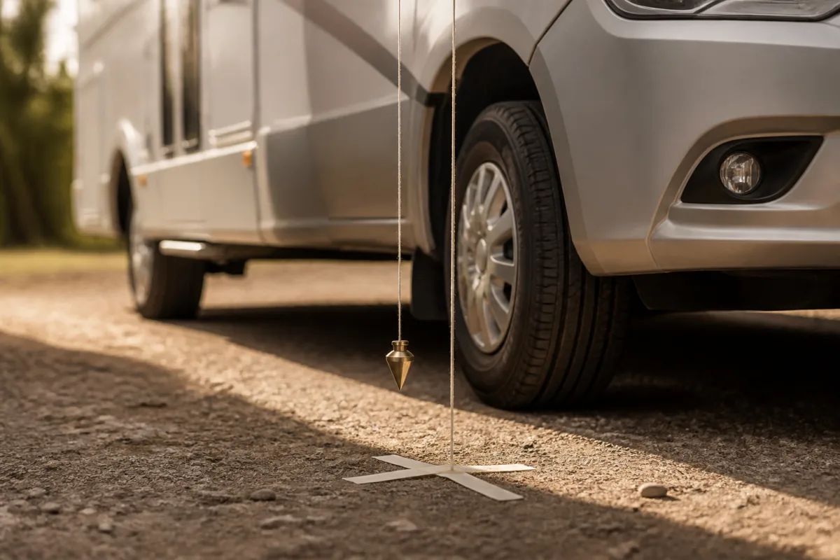 Fil à plomb suspendu depuis le toit d’un camping‑car, point au sol marqué au ruban