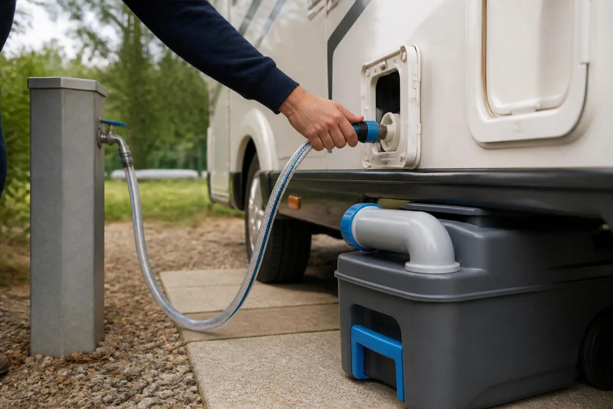 Main connectant un tuyau à une borne d’eau et cassette de toilette prête à la vidange