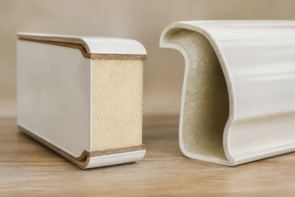 Schéma en coupe comparant une paroi sandwich et une paroi monocoque avec légendes des couches